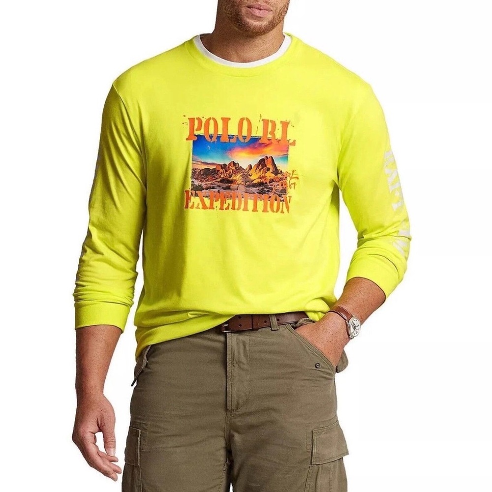 Polo Ralph Lauren RL Expedition River Trail Yellow Long Sleeve T Shirt Mens M